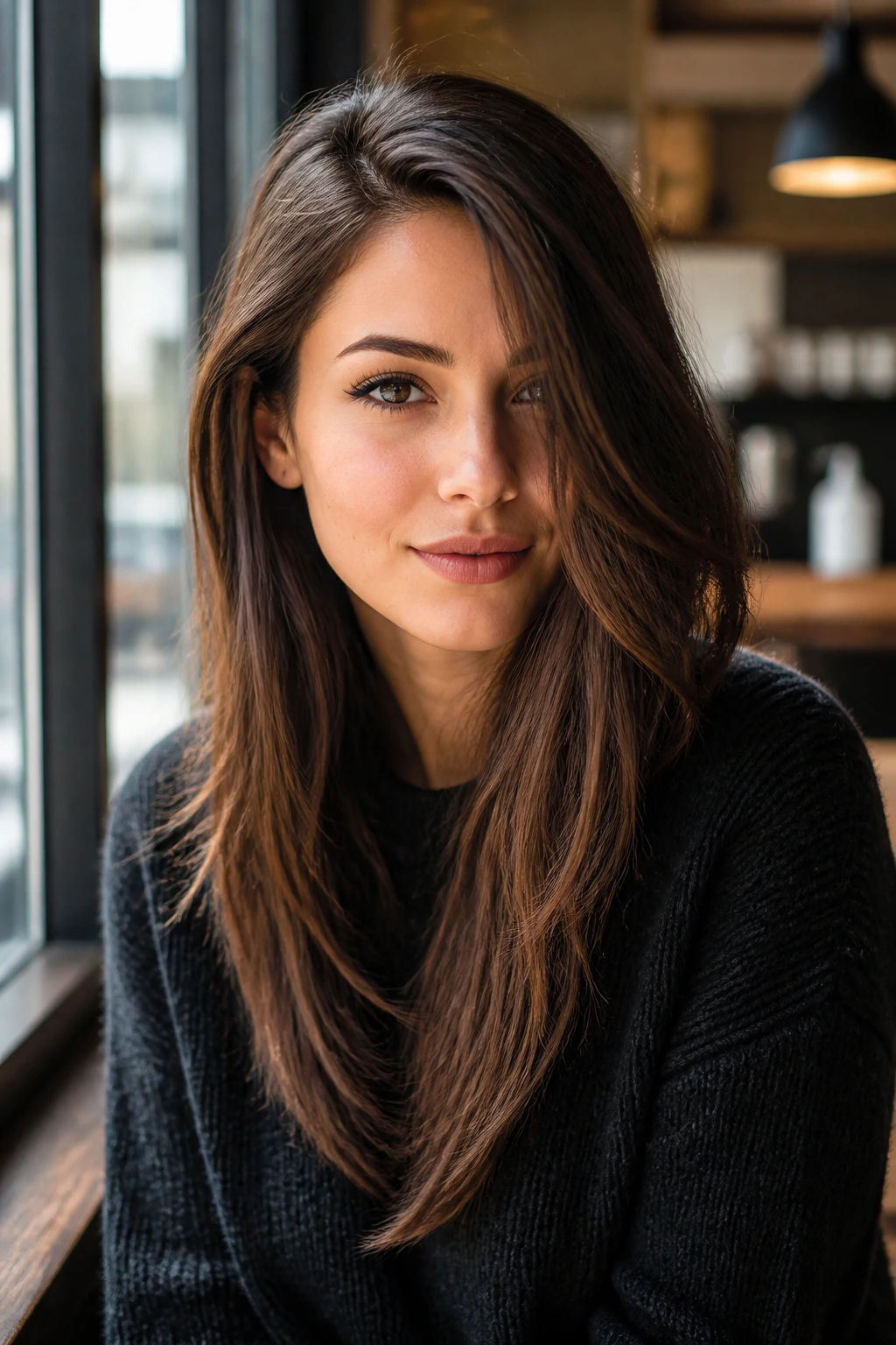 Portrait of a real woman with one-sided face-framing asymmetry in long hair.