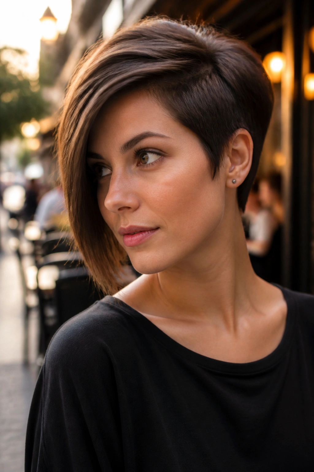 Real person with asymmetrical long pixie and one longer side in golden hour cafe light