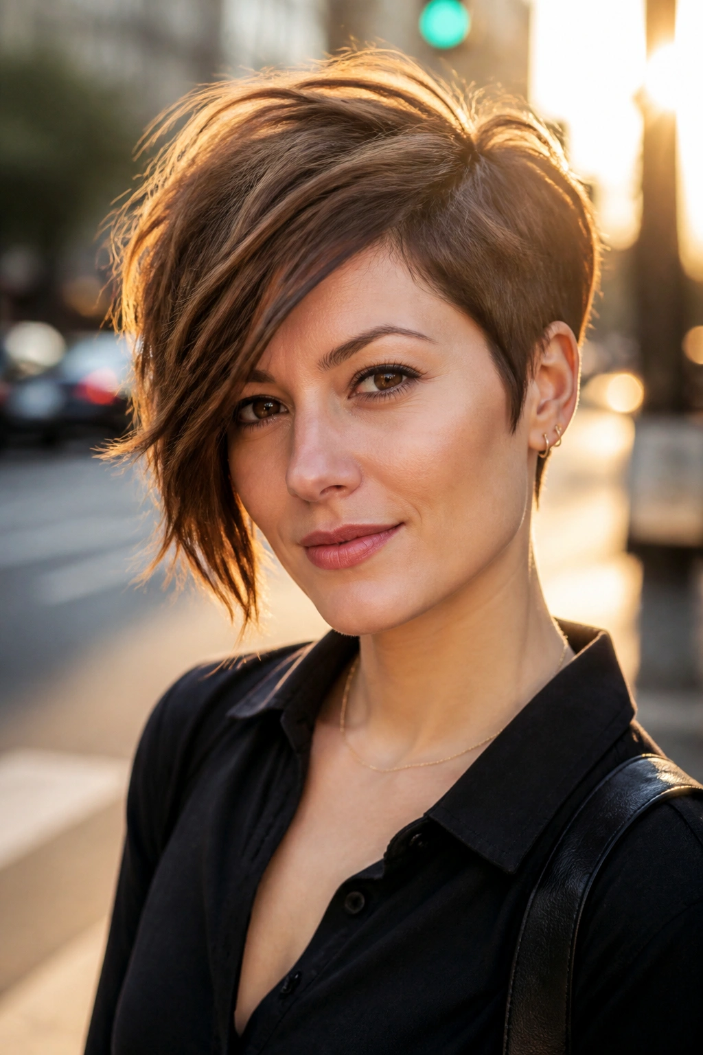 Portrait of a woman with an asymmetrical long pixie and a longer side.