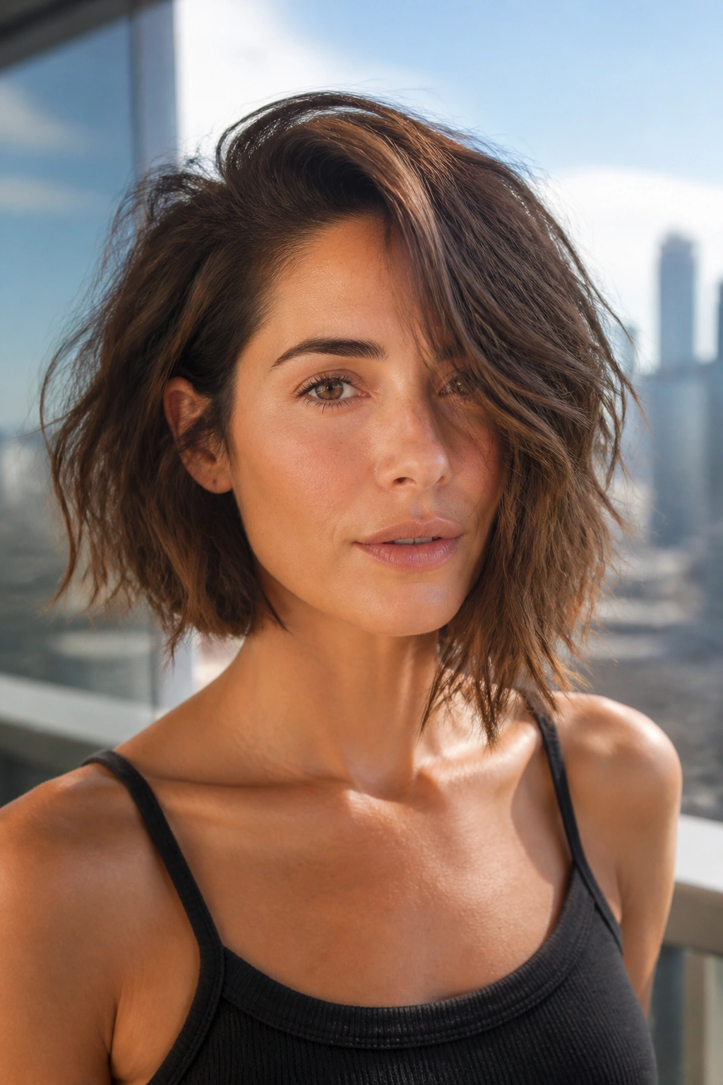 Close-up of a real woman with an asymmetrical messy bob