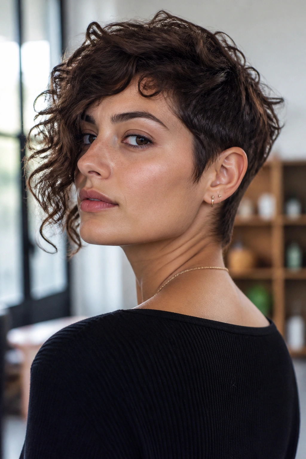 Real person with a visible asymmetrical mixie haircut, one side longer