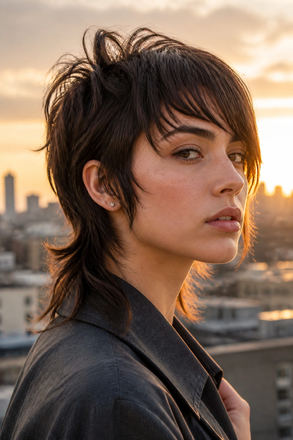 3/4 profile of a woman with asymmetrical mullet shag and uneven nape in golden hour light