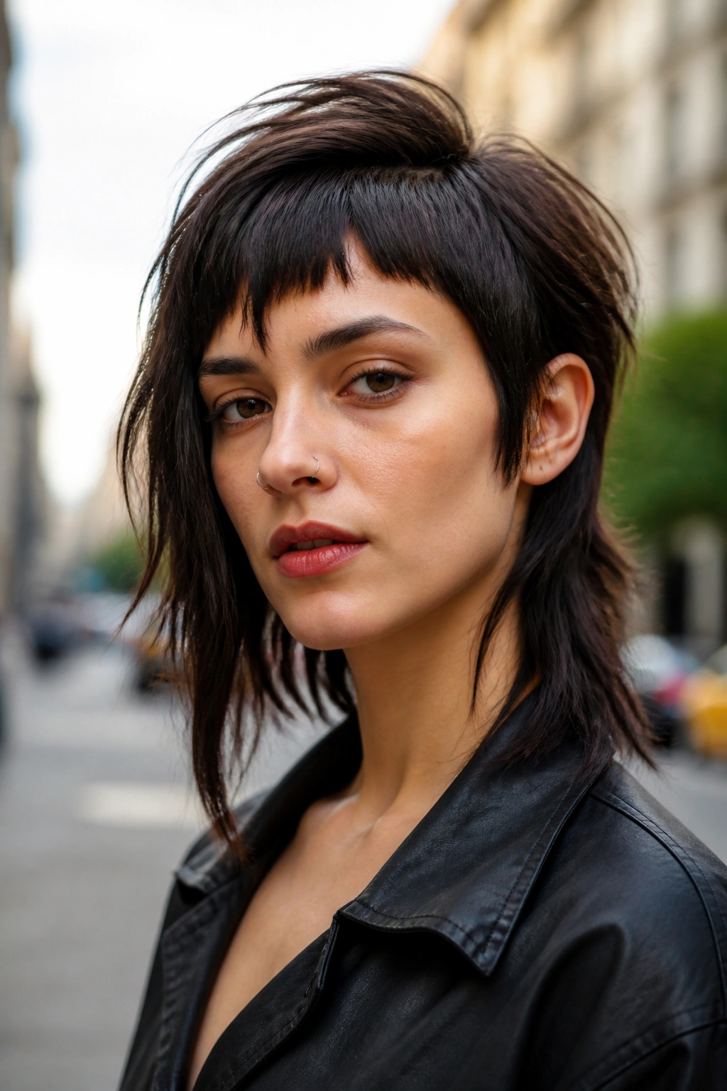 Close-up of a real person with an asymmetrical mullet and subtle length difference.