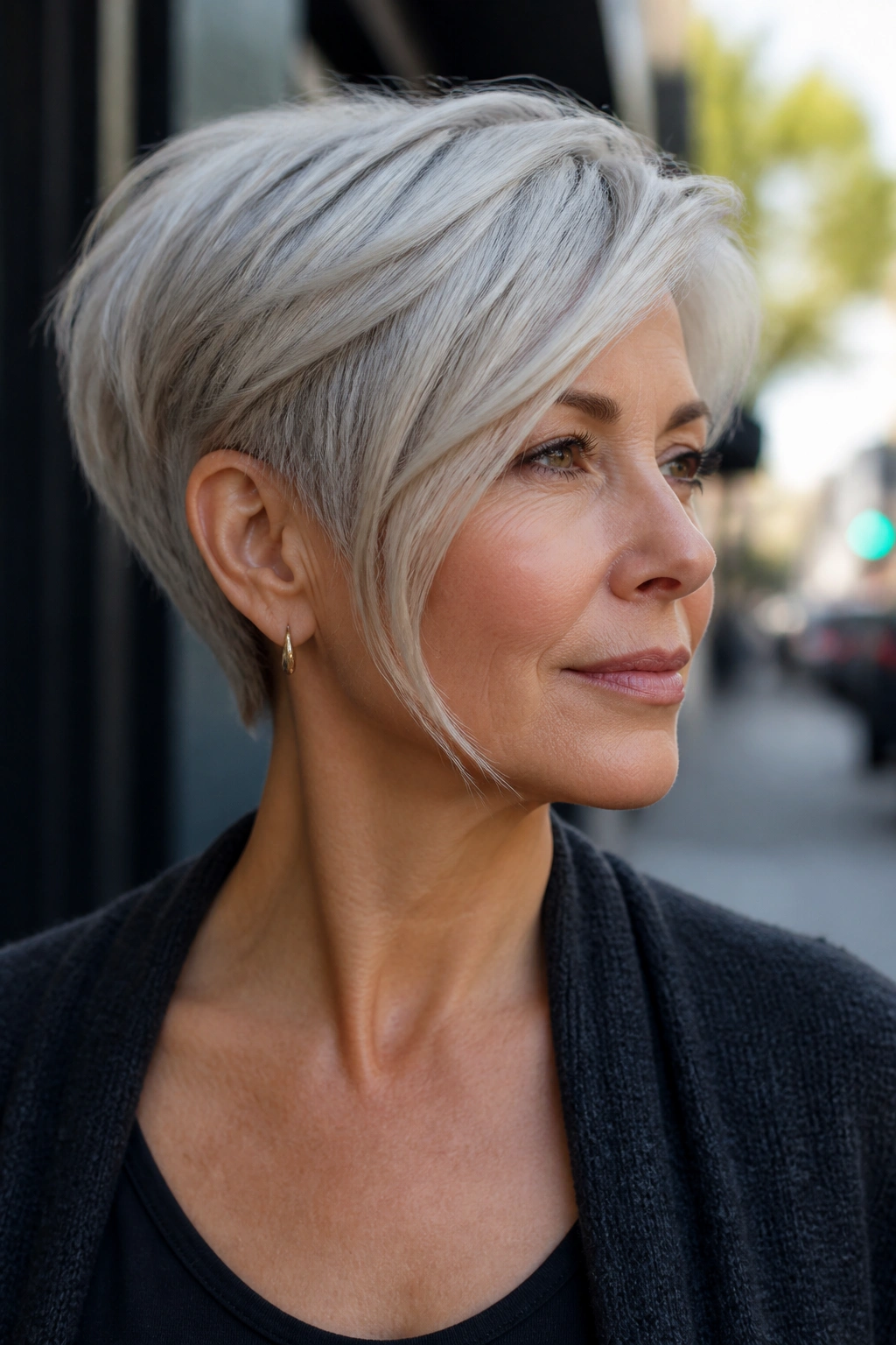 Close-up of a real woman with an asymmetrical pixie bob