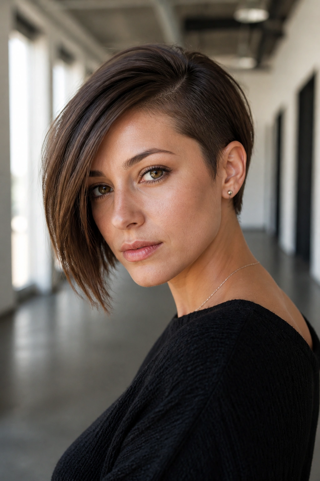 Portrait of a real person with an asymmetrical pixie bob showing different-length sides