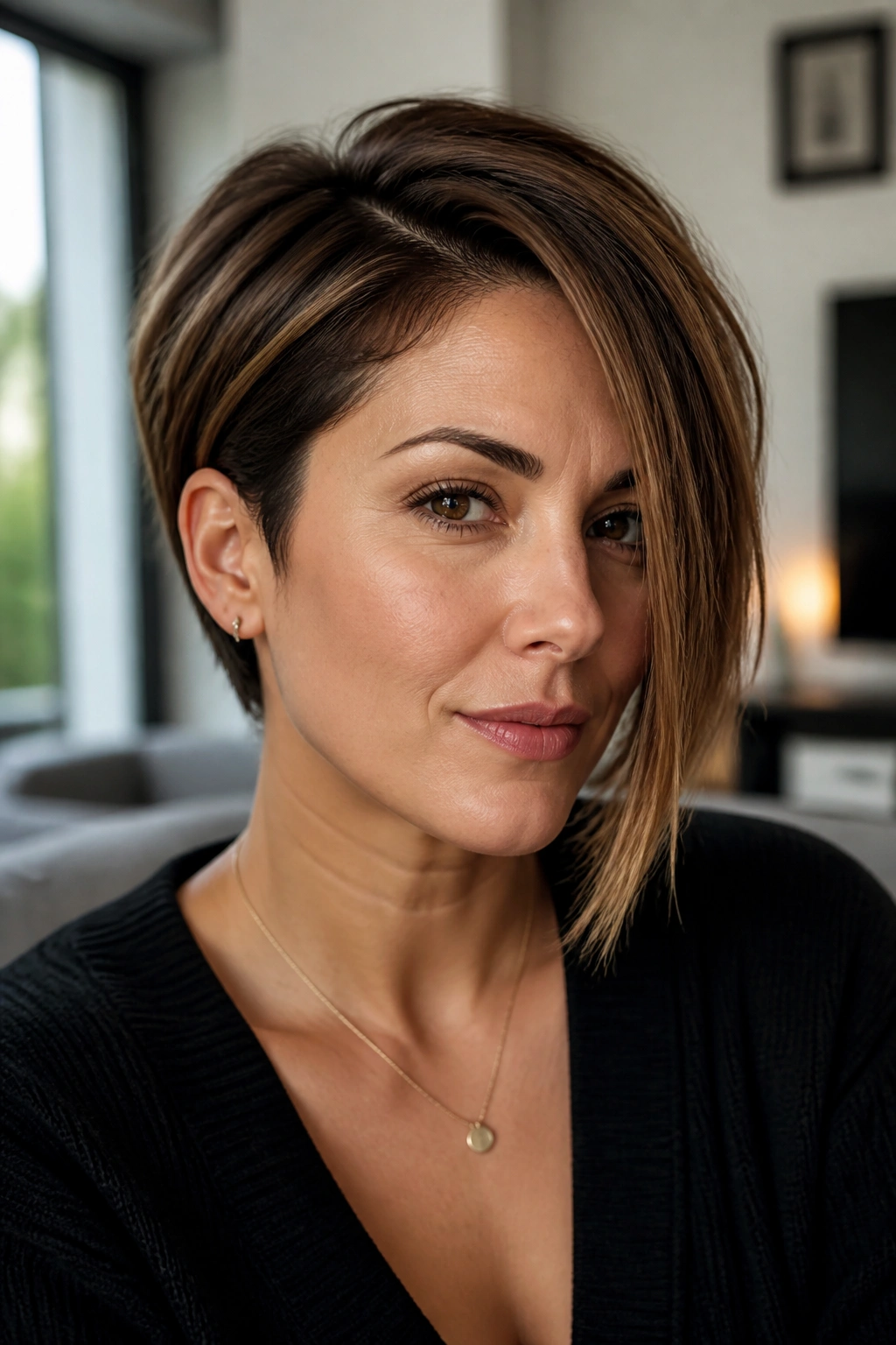 Close-up of a real woman with Asymmetrical Long Pixie Bob, one side longer, in natural daylight