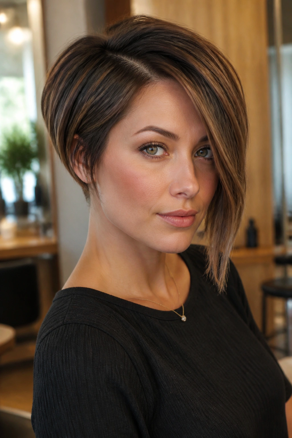 Close-up of a real woman with an asymmetrical long pixie bob featuring one longer side in warm salon light