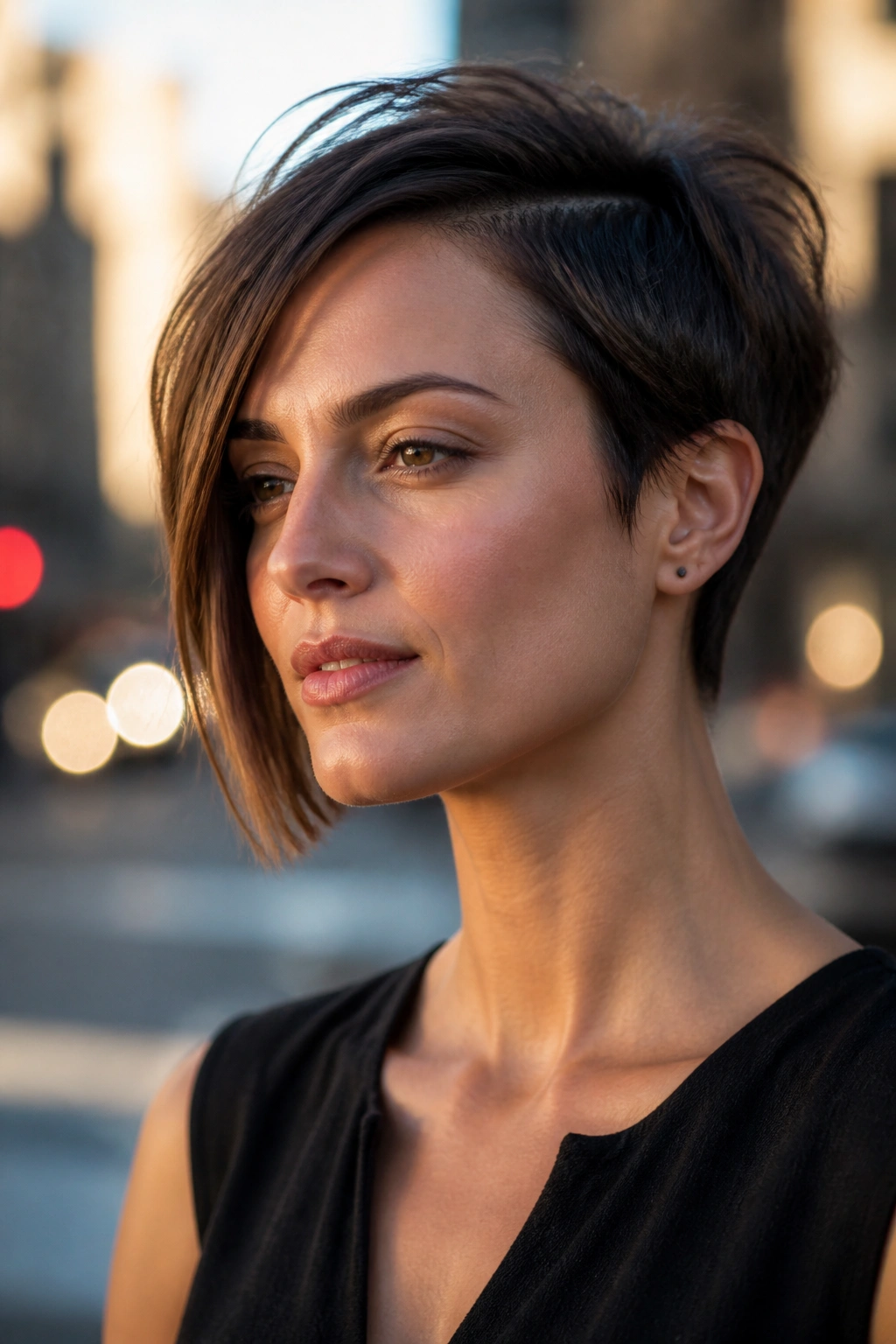 Portrait of a real woman with an Asymmetrical Pixie Bob and one longer side.
