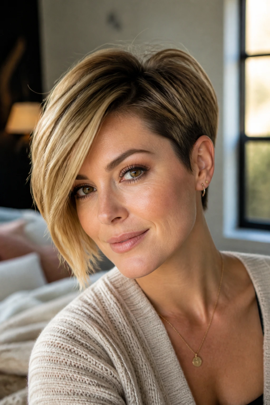 Close-up portrait of a woman with an asymmetrical pixie bob in warm window light