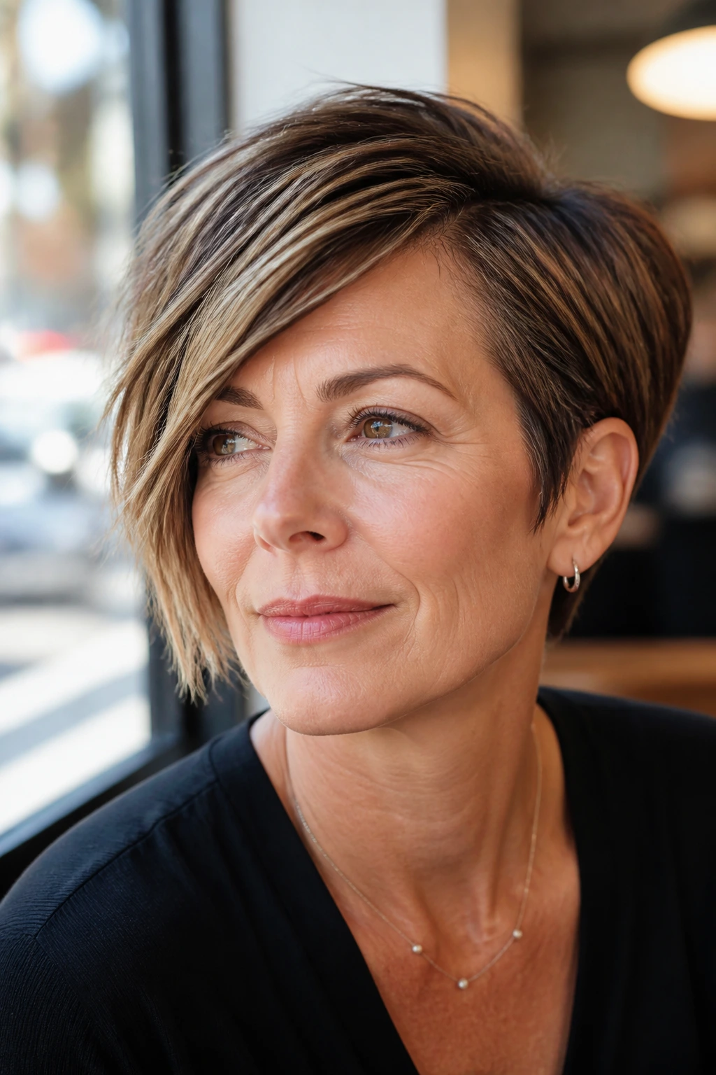 Close-up portrait of a real woman with an edgy asymmetrical pixie bob hairstyle.