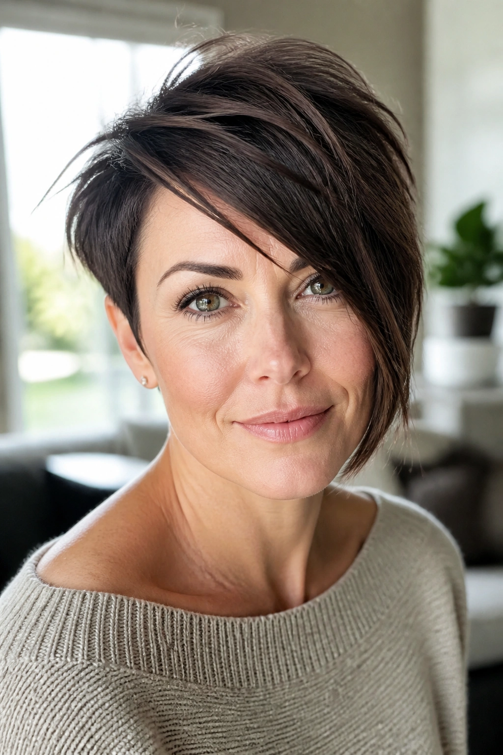 Close-up portrait of a woman with an asymmetrical pixie and longer side