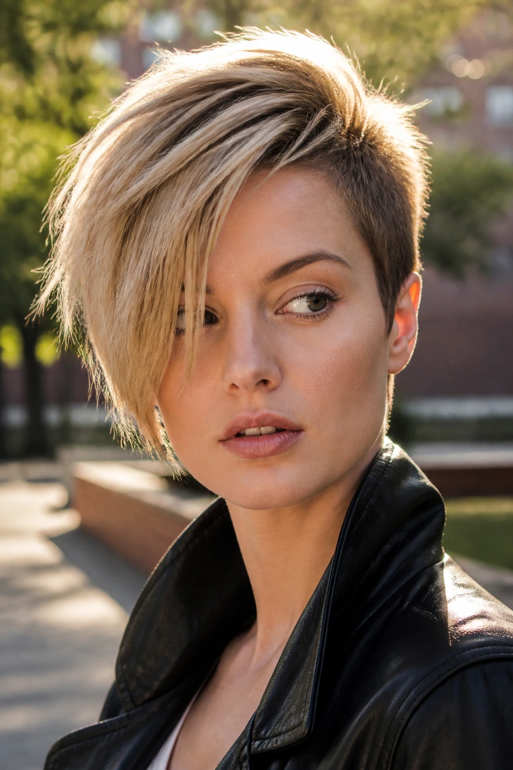 Medium close-up of real woman with asymmetrical pixie crop in golden hour park setting