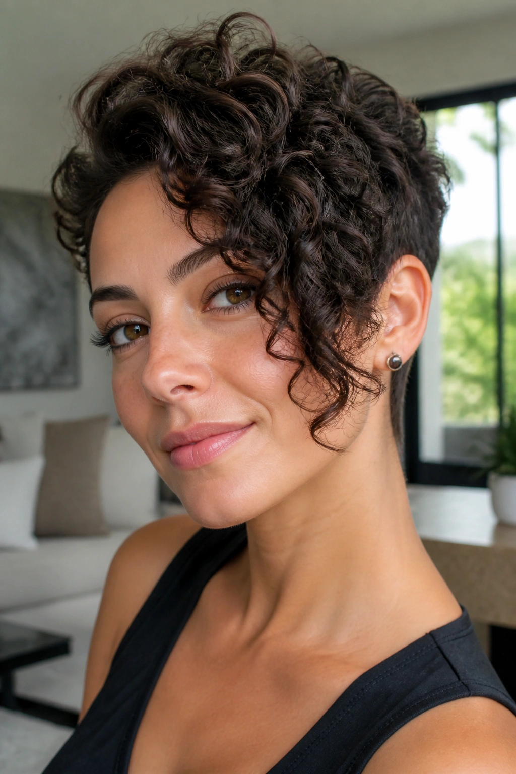 Close-up of a real person with an asymmetrical curly pixie and a longer side at the cheekbone.