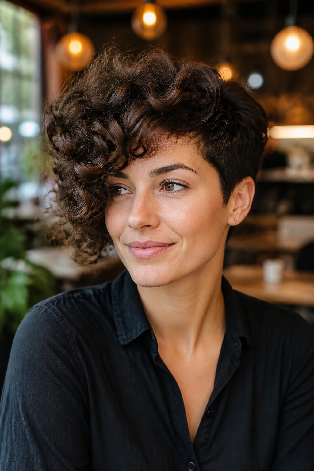 Three-quarter portrait of a real person with an asymmetrical curly pixie and one longer side