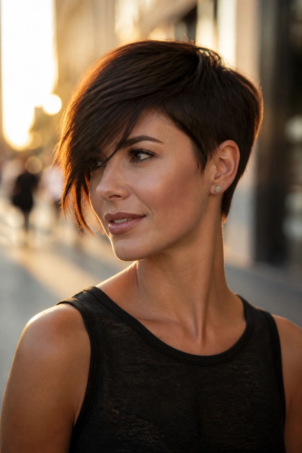 Close-up portrait of a real woman with an asymmetrical pixie cut on a sunlit street.