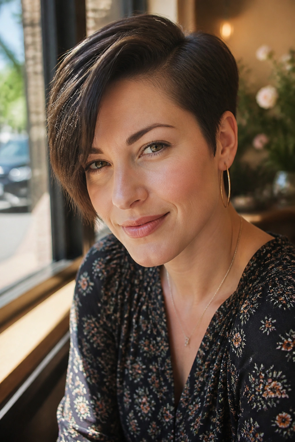 Portrait of a real woman with a deep-part asymmetrical pixie