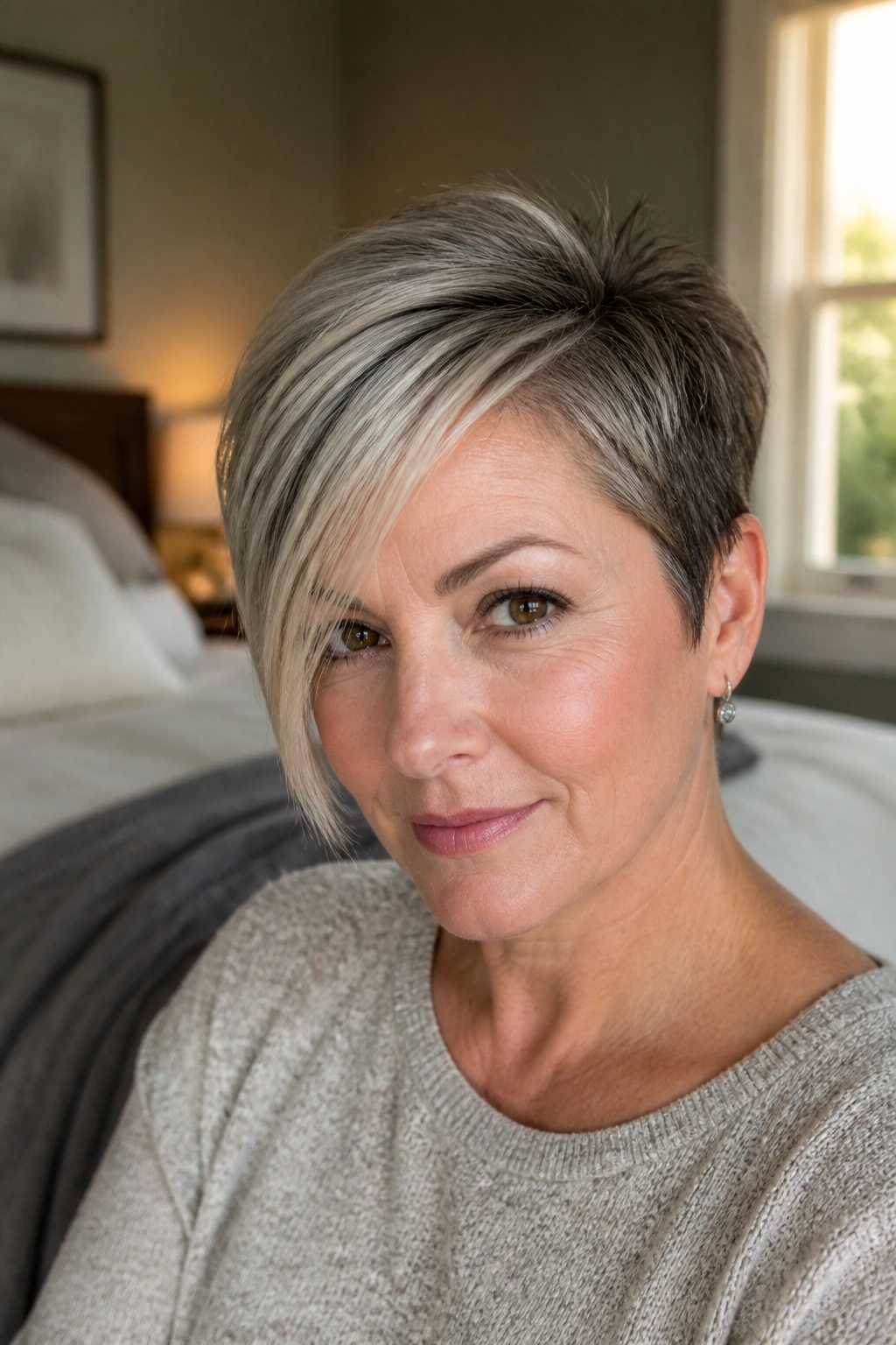 Close-up portrait of a real woman with an asymmetrical pixie and deep side part.