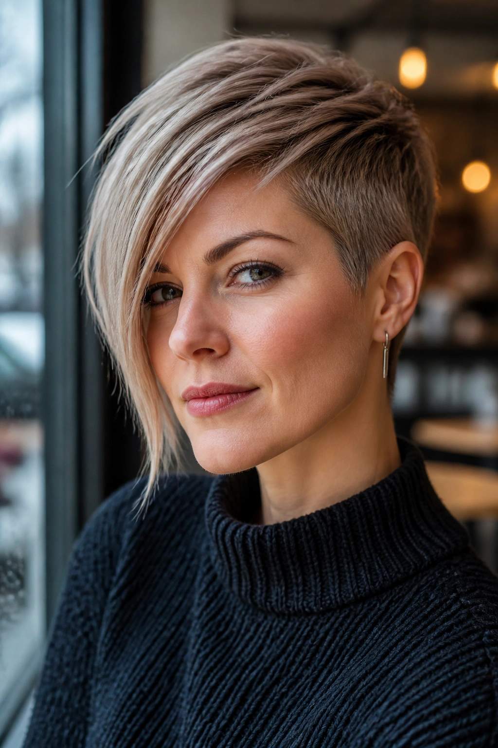 Portrait of real person with asymmetrical pixie showing varying lengths