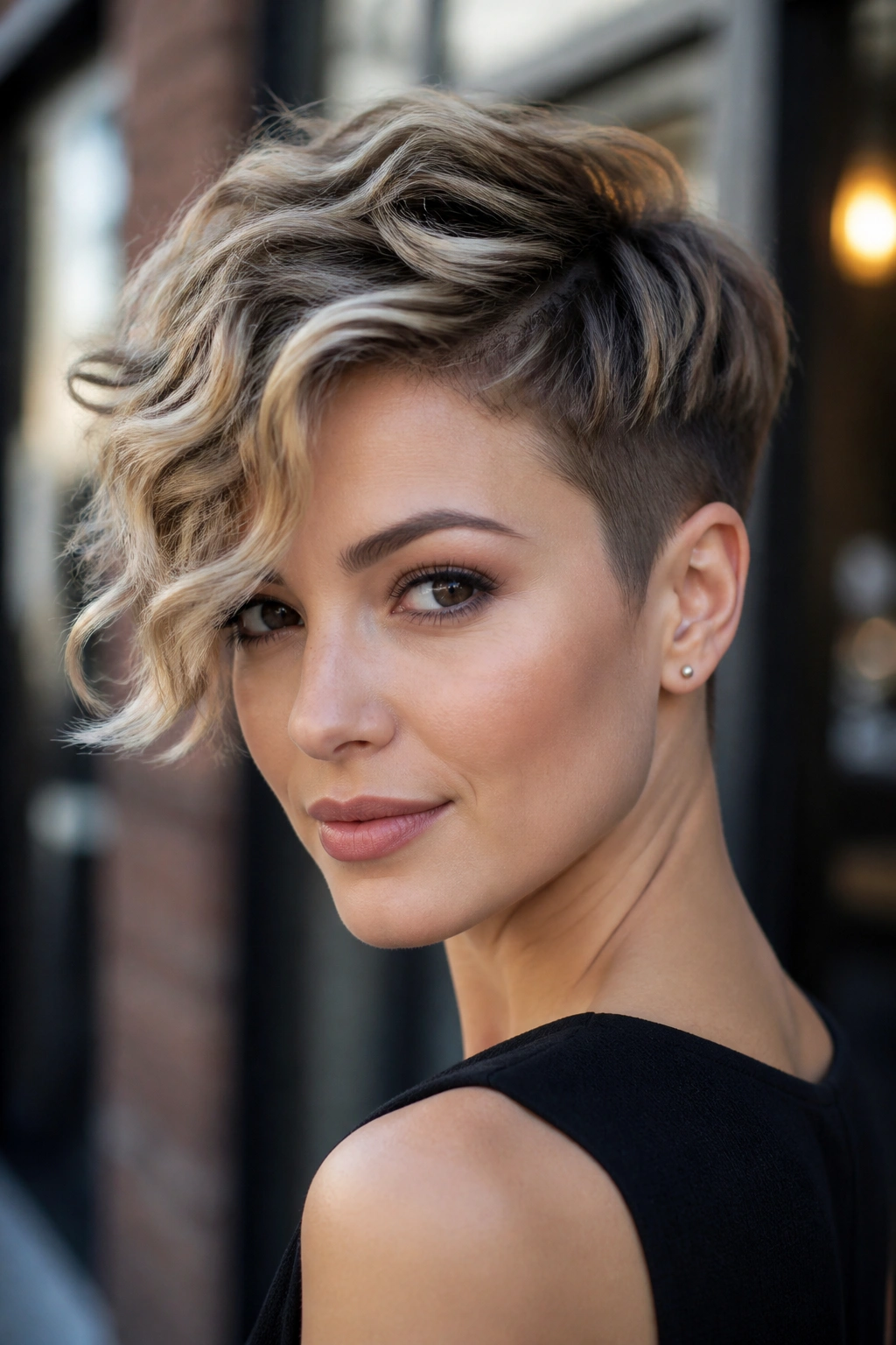 Close-up of a real woman showing an asymmetrical pixie cut with a longer side.