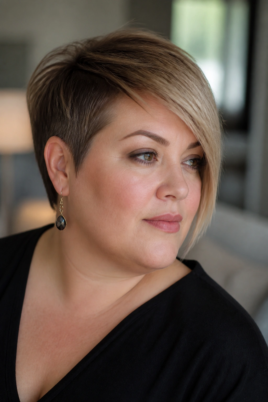 Close-up of real woman with asymmetrical pixie long front corner