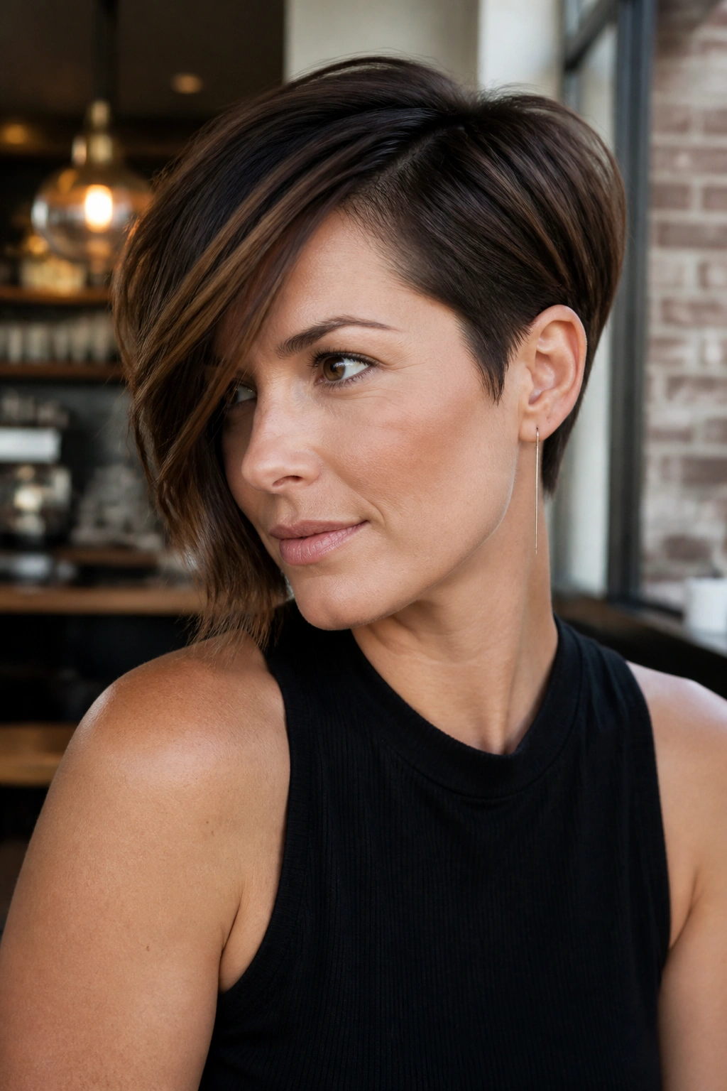 Real woman with asymmetrical diagonal-line pixie hairstyle