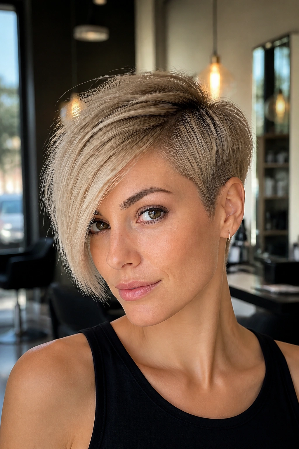 Close-up of a real woman with an asymmetrical long bang pixie and a one-sided fringe in a salon.