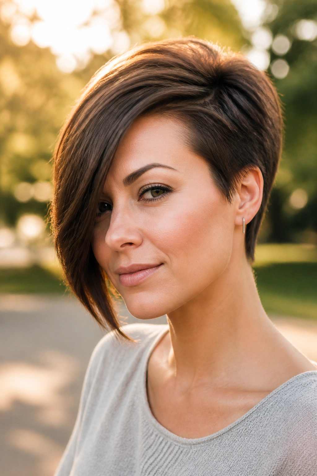 Portrait of a person with asymmetrical long pixie and long front panel outdoors
