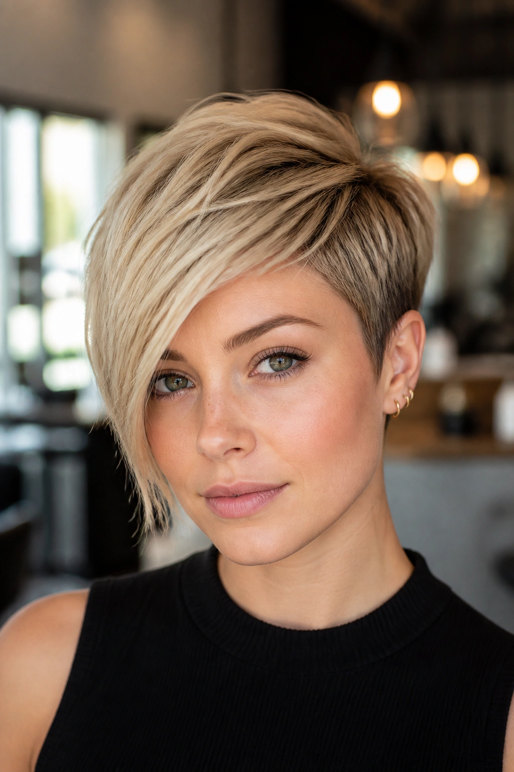 Close-up portrait of a real woman with an asymmetrical pixie haircut showing one longer side.