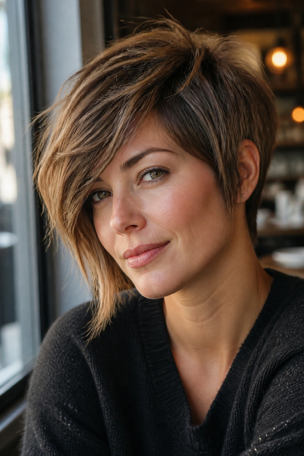 Close-up portrait of a real woman with asymmetrical side-swept shaggy pixie.
