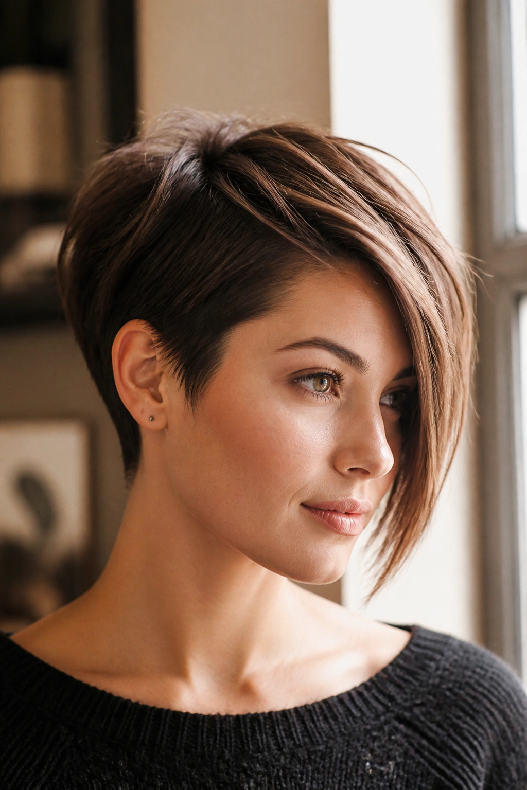 Portrait of a real woman with an asymmetrical pixie showing one longer side