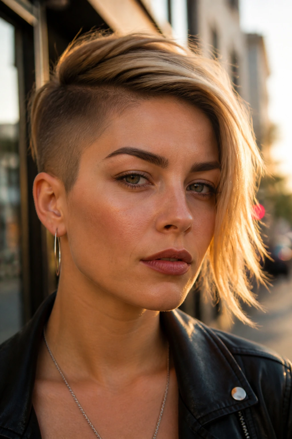 Close-up portrait of a real woman with an asymmetrical pixie haircut