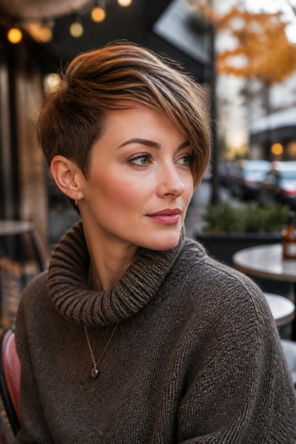 Close-up portrait of a real woman with a subtle asymmetrical pixie haircut.