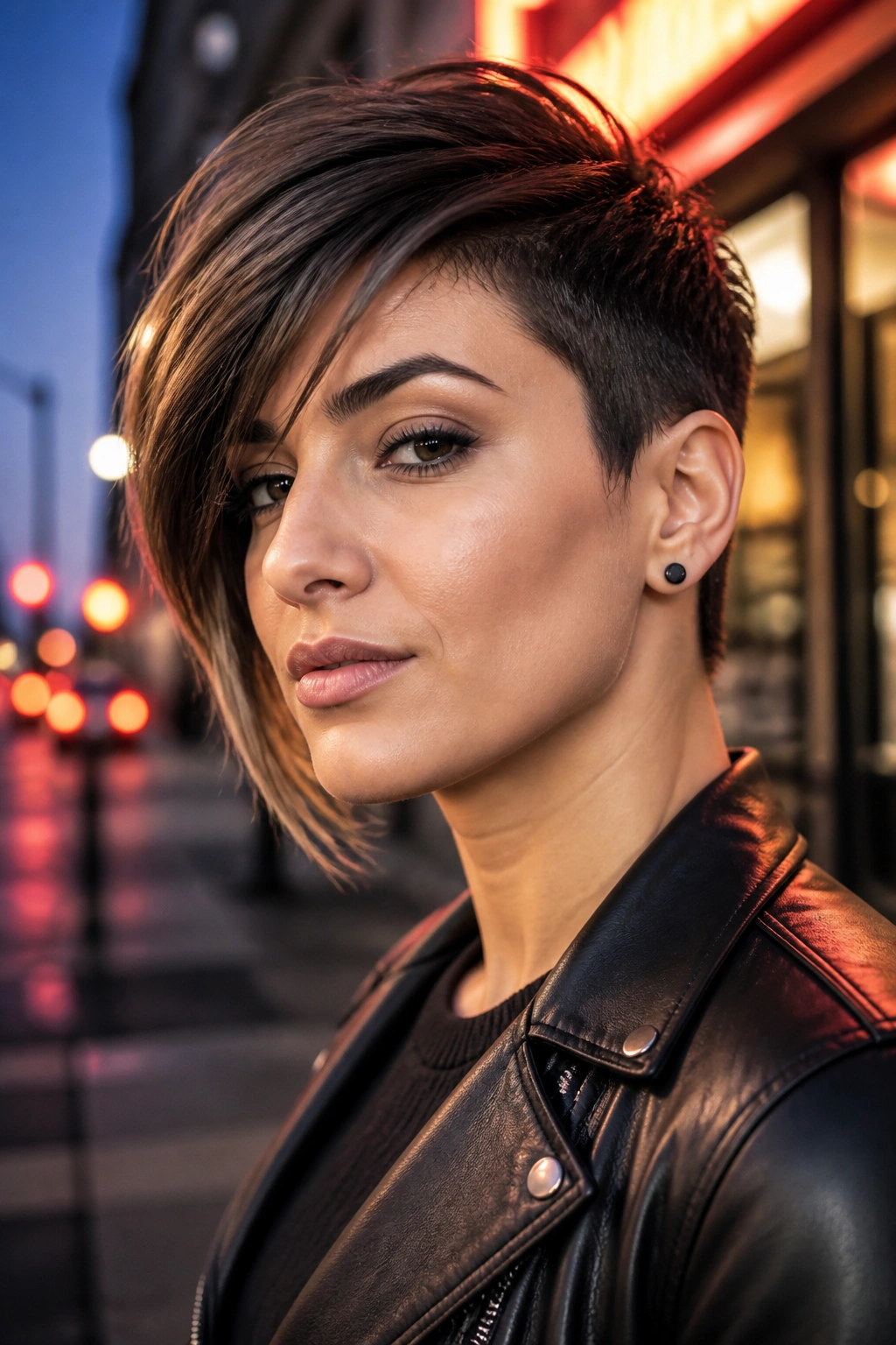 Real woman with asymmetrical side-swept pixie in dusk neon lighting.