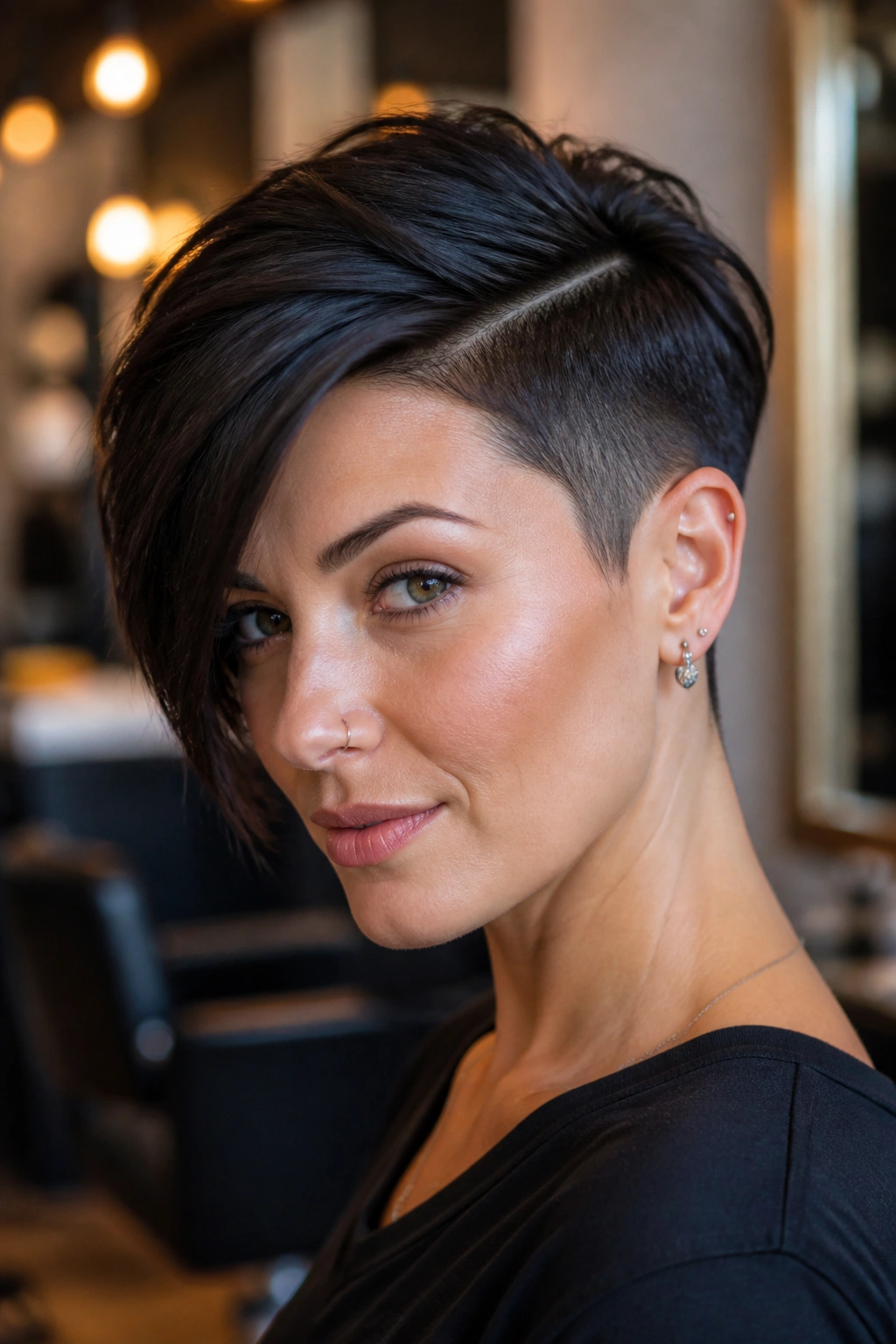 Close-up portrait of a real person with an asymmetrical pixie and heavy side part in warm salon light