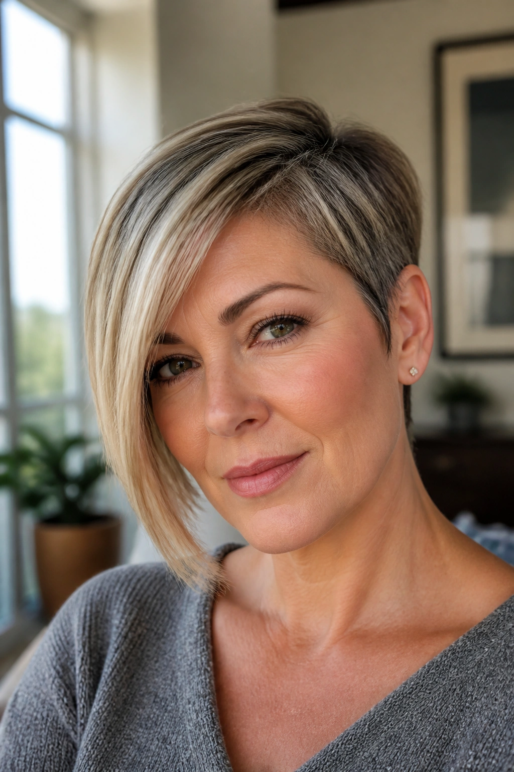 Close-up of a real woman with an asymmetrical pixie featuring a longer front