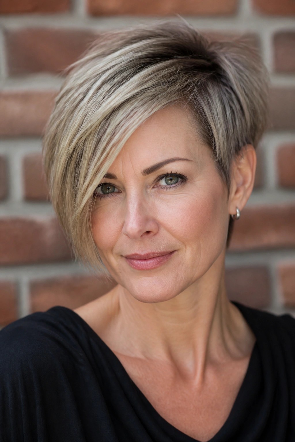 Real woman with an asymmetrical pixie and one longer side