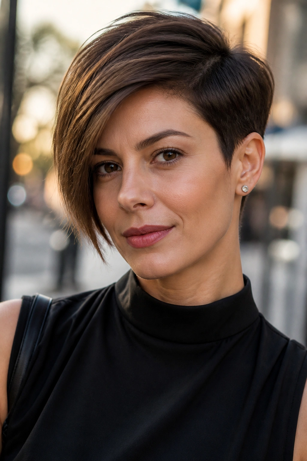 Close-up portrait of a real woman with an asymmetrical pixie and one longer side
