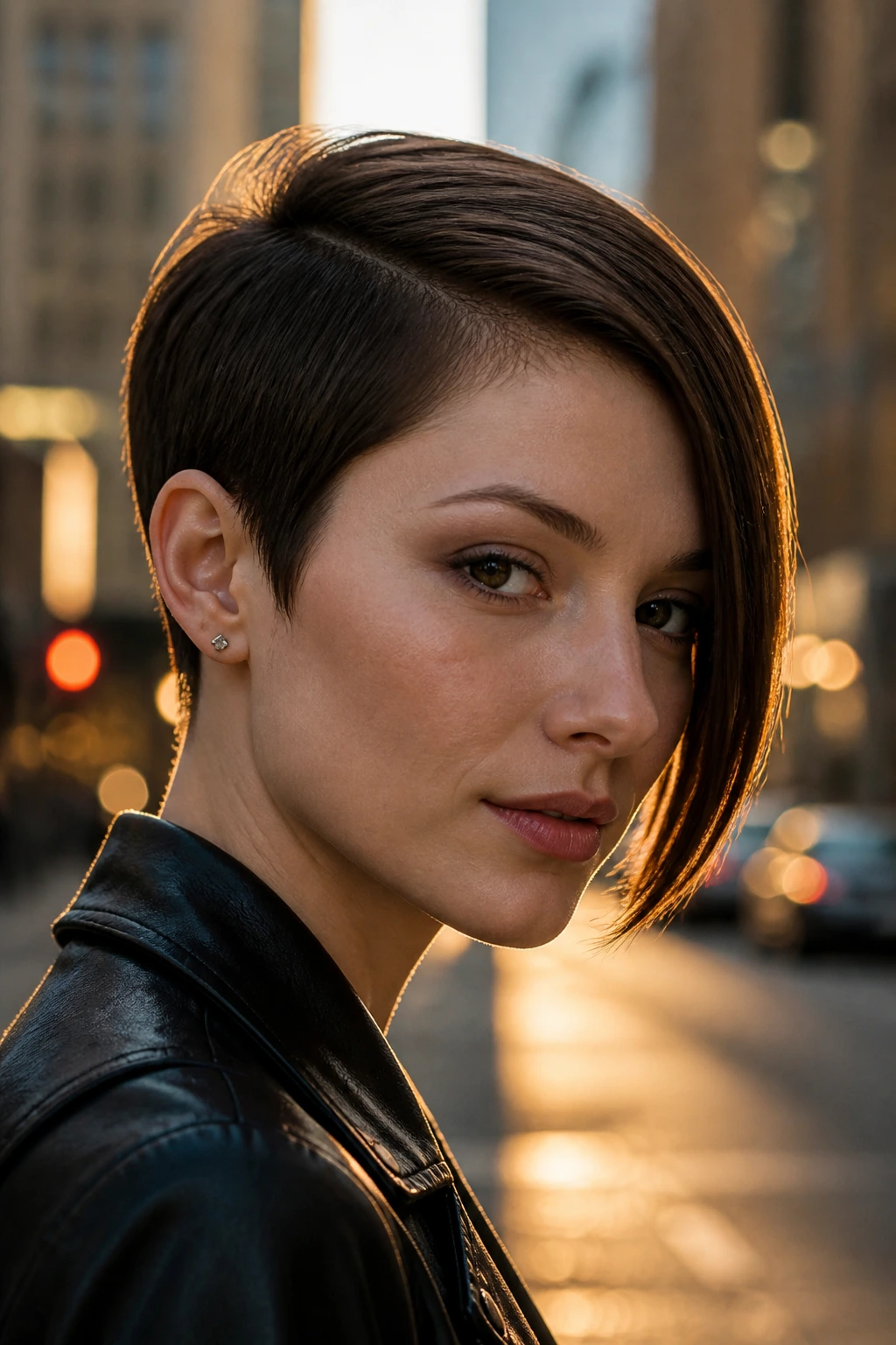Three-quarter portrait of a person with asymmetrical pixie and longer side, straight hair.