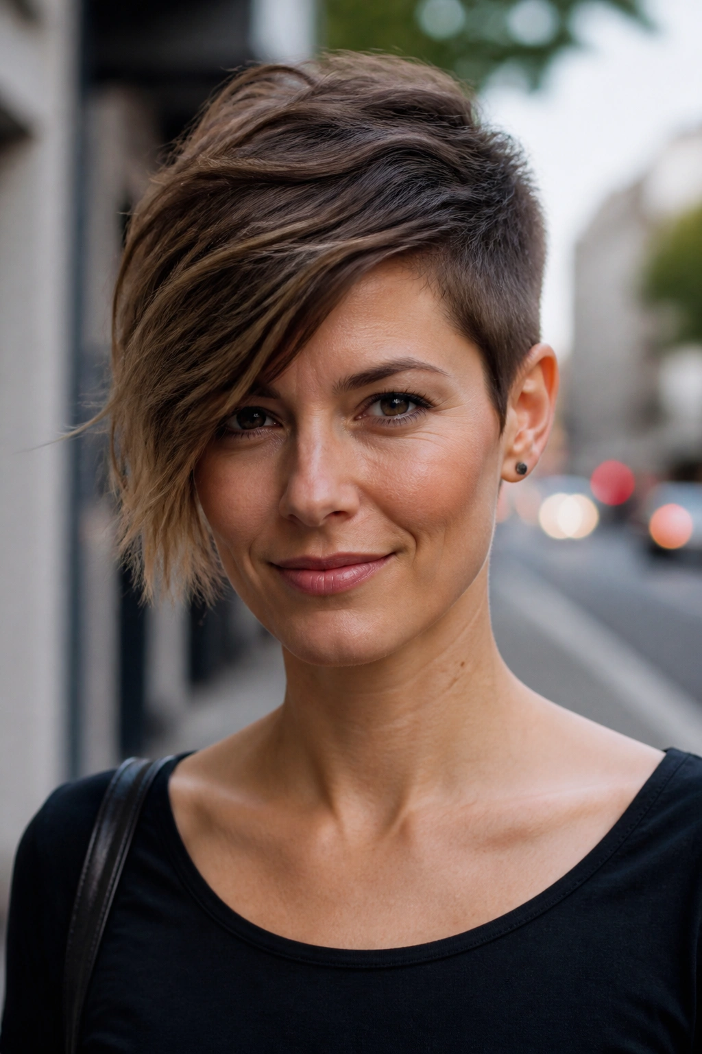 Portrait of a woman with an asymmetrical pixie and one longer side.