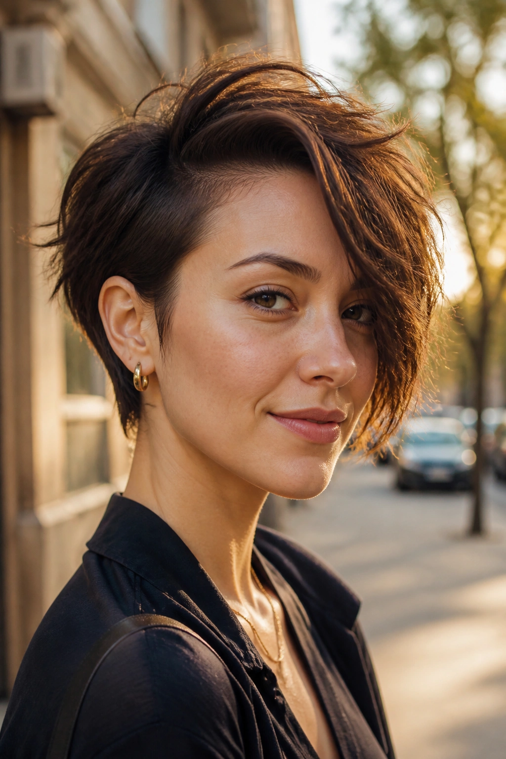 Portrait of a real woman with asymmetrical messy pixie on city sidewalk at golden hour