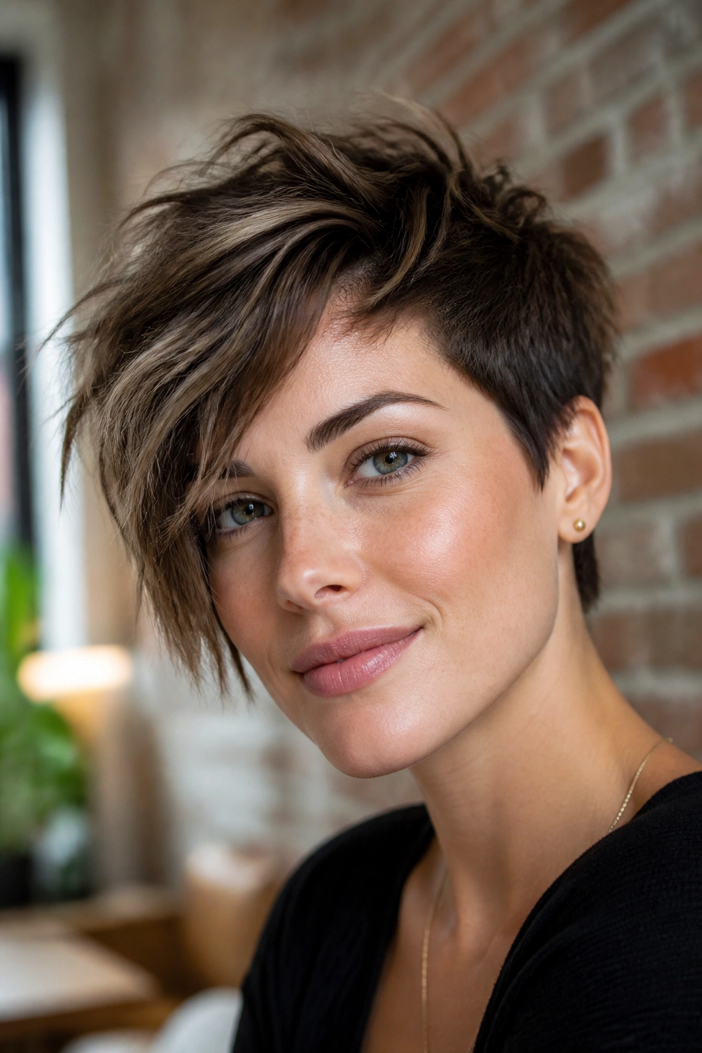 Portrait of a real person with asymmetrical messy pixie showing longer and shorter sides