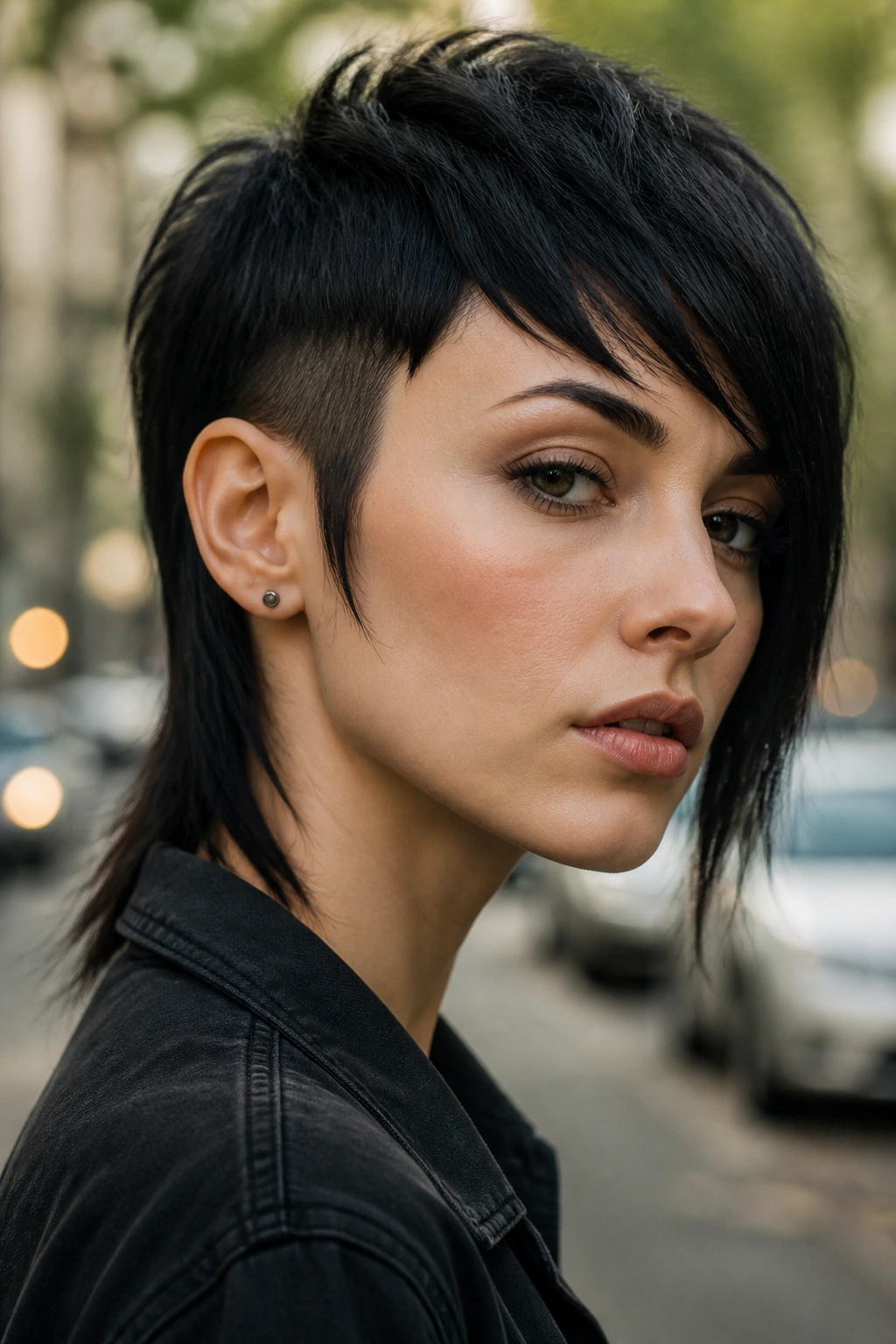 Real person with asymmetrical pixie mullet showing longer side along jaw