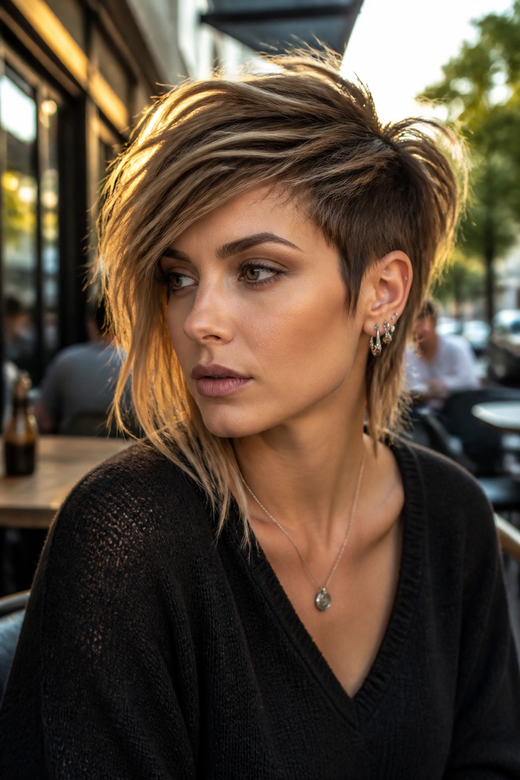 Portrait of a real woman with asymmetrical pixie mullet in warm street-side cafe lighting