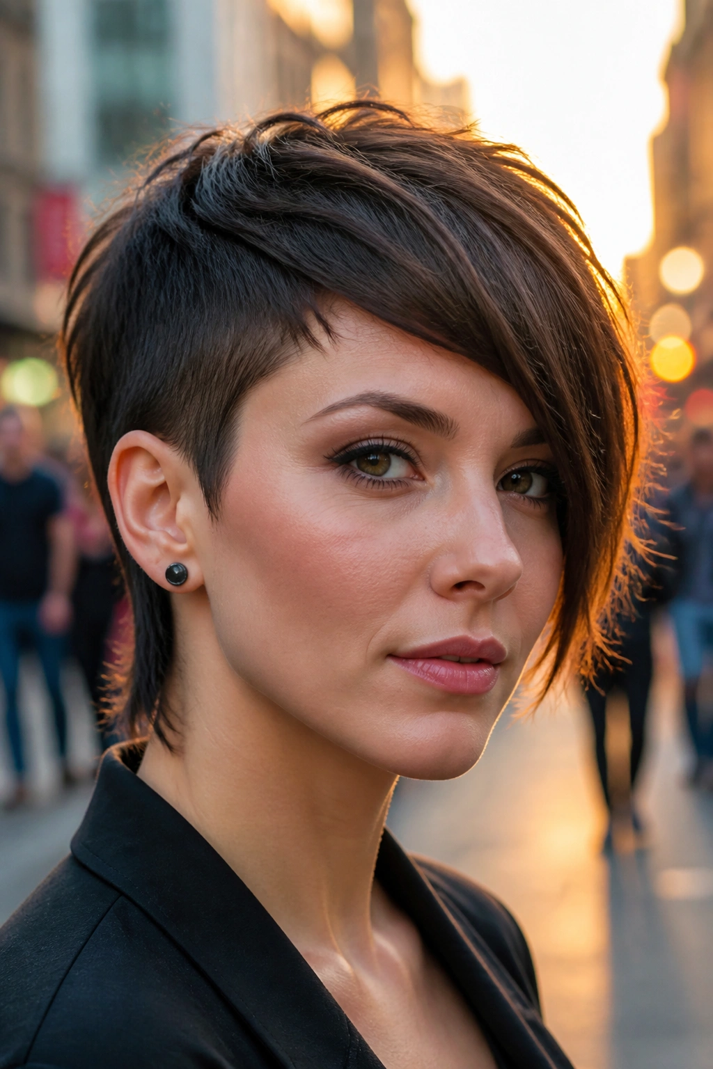 Portrait of a real woman with asymmetrical pixie mullet on urban street at golden hour