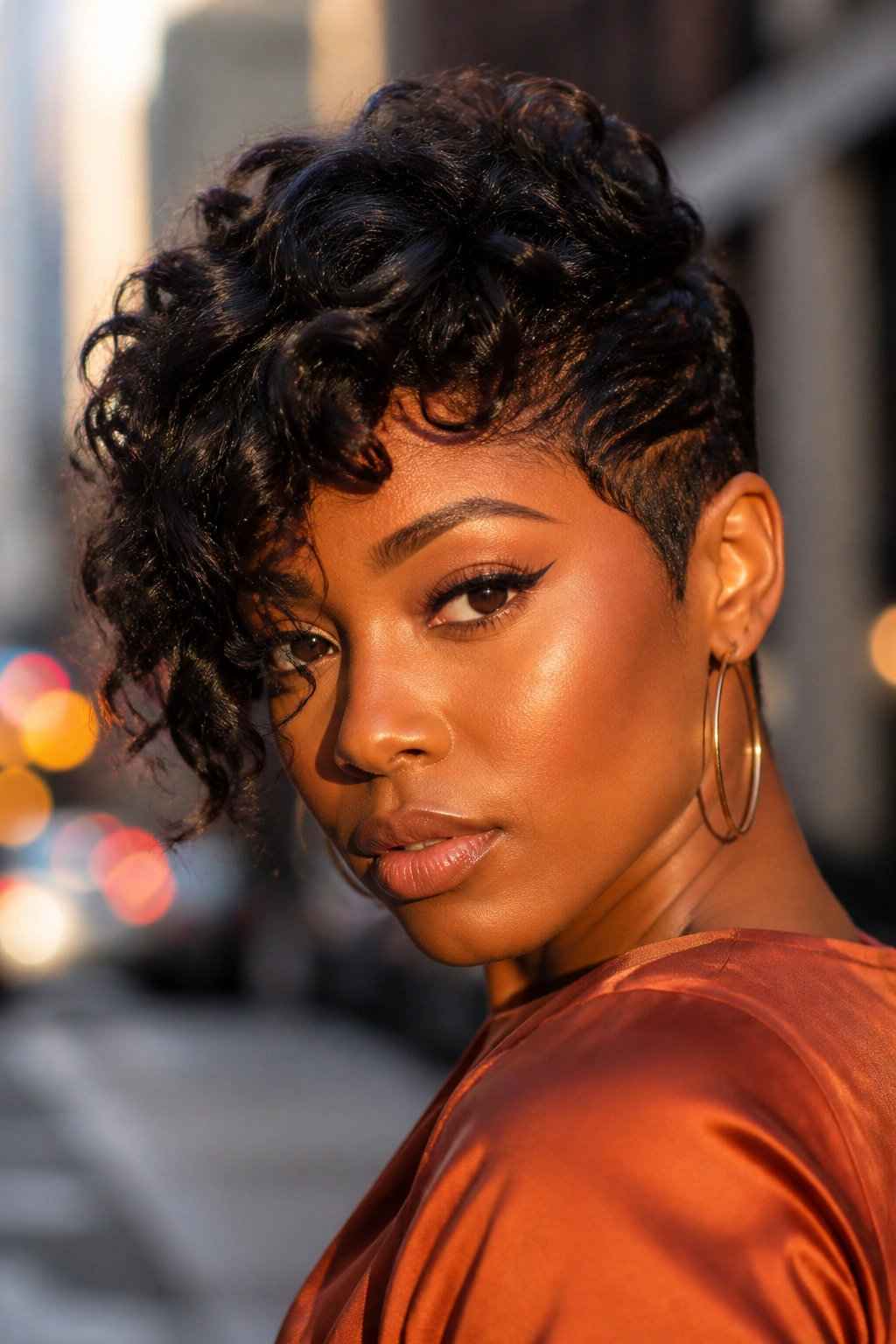 Close-up of a real Black woman with an asymmetrical curly pixie and one longer side.