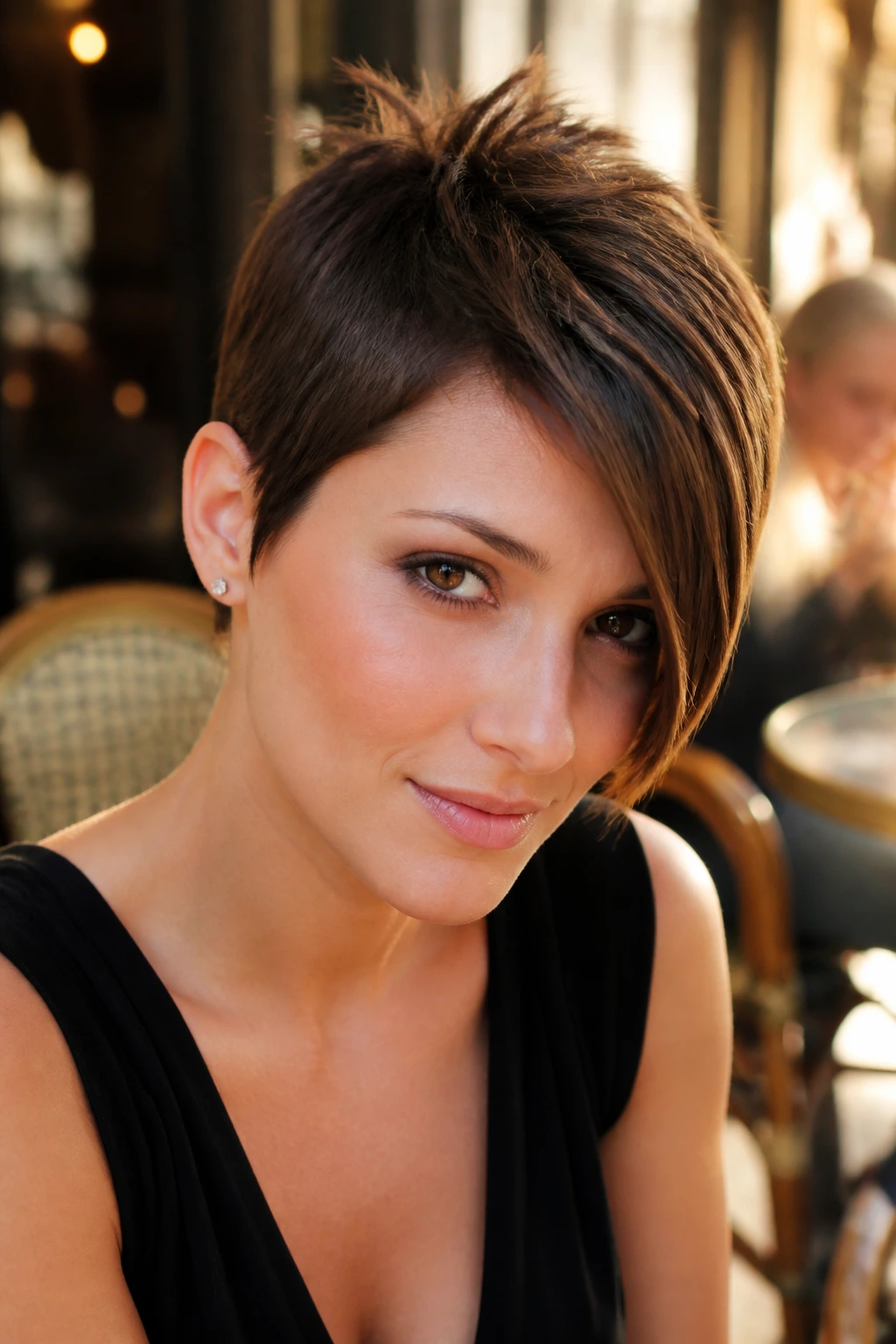 Close-up portrait of a real woman with asymmetrical pixie, longer side along cheekbone