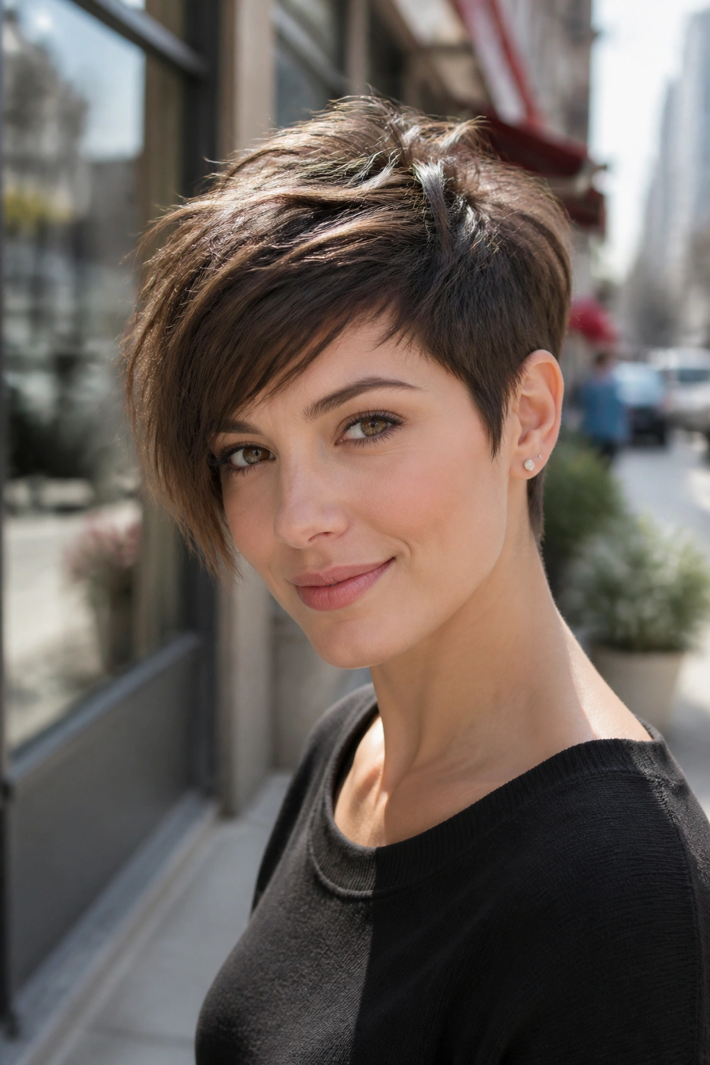 Close-up portrait of a real woman with an asymmetrical soft pixie