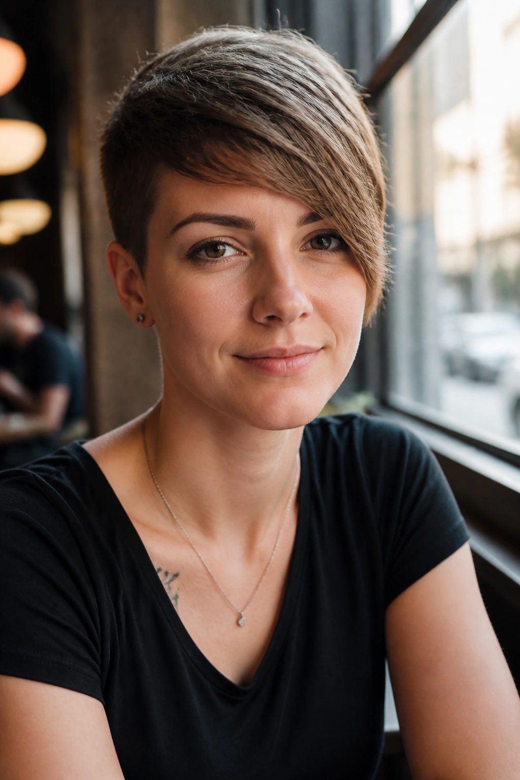 Portrait of woman with asymmetrical pixie, longer side at one side, shorter opposite side, daylight from cafe window.