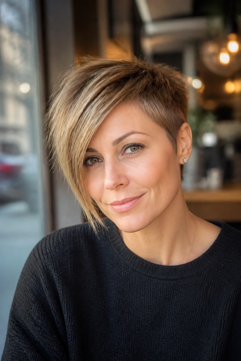 Close-up portrait of a real woman with an asymmetrical pixie haircut in a cafe window setting.