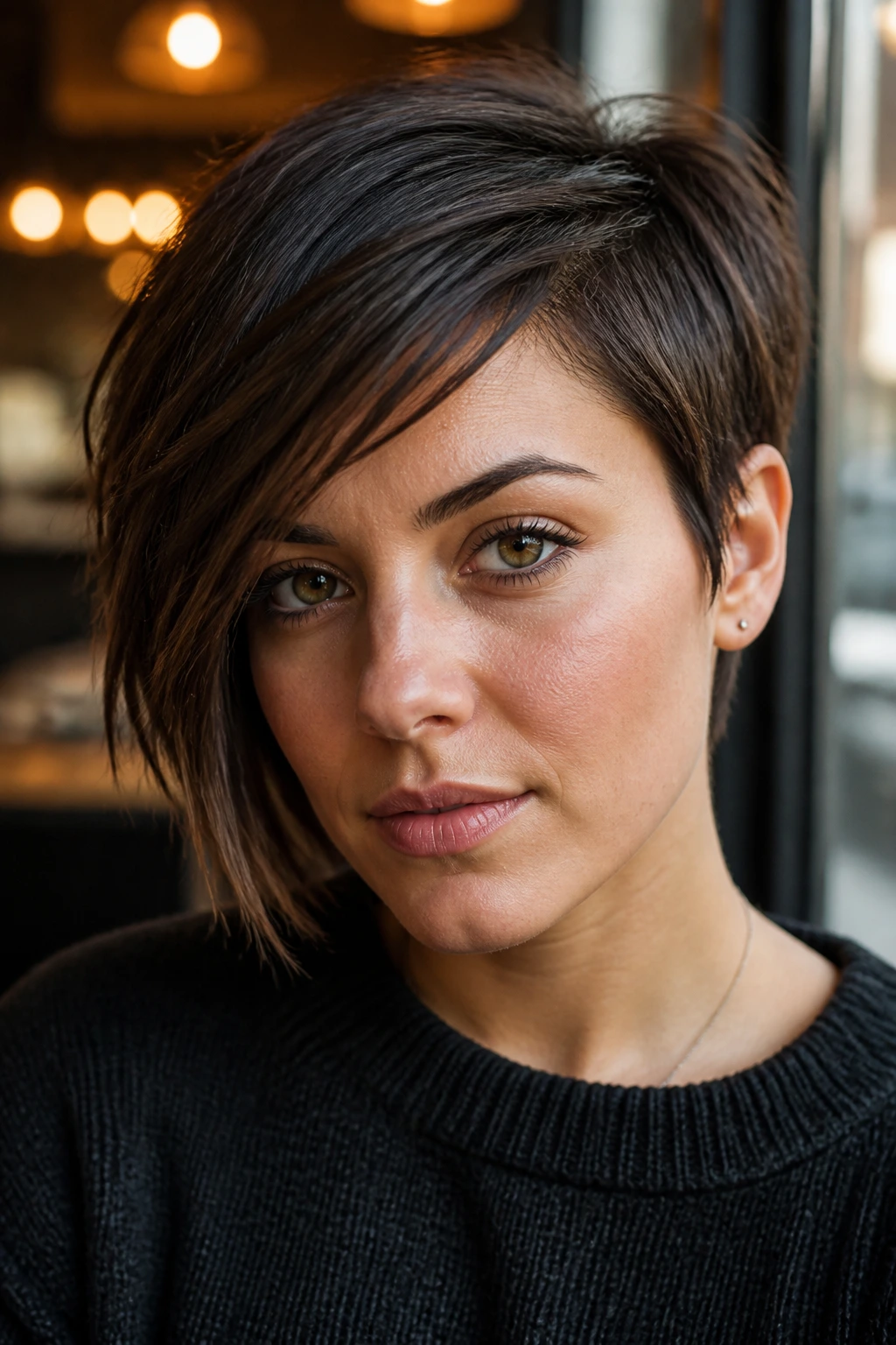 Close-up of a real woman with an asymmetrical pixie length